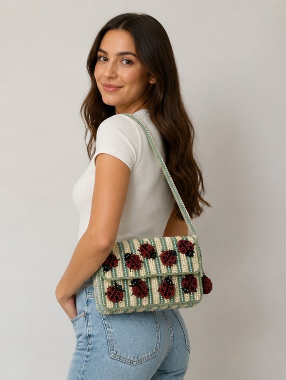 T.J.Maxx Beaded Ladybug Shoulder Bag in Red, Green, Cream